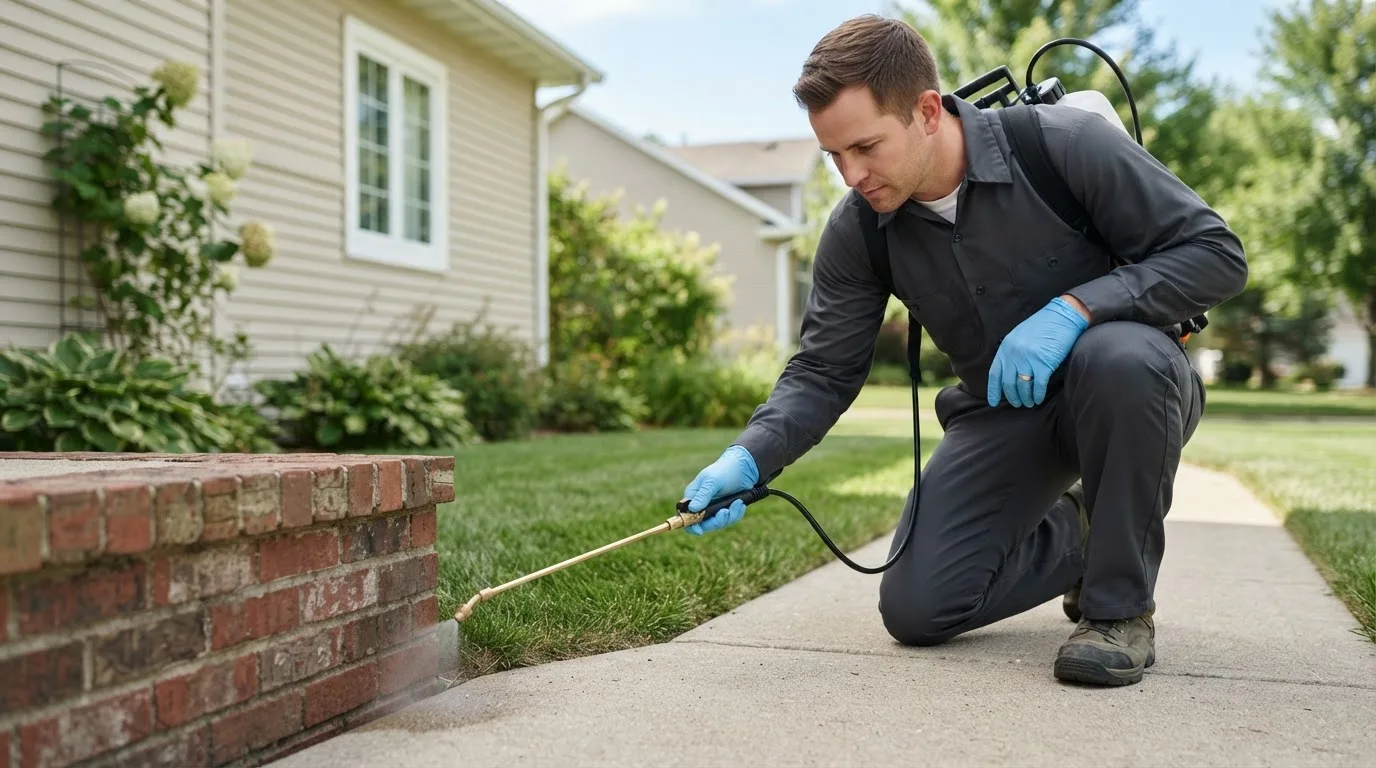 Pest control technician treating a home near Fortville, IN
