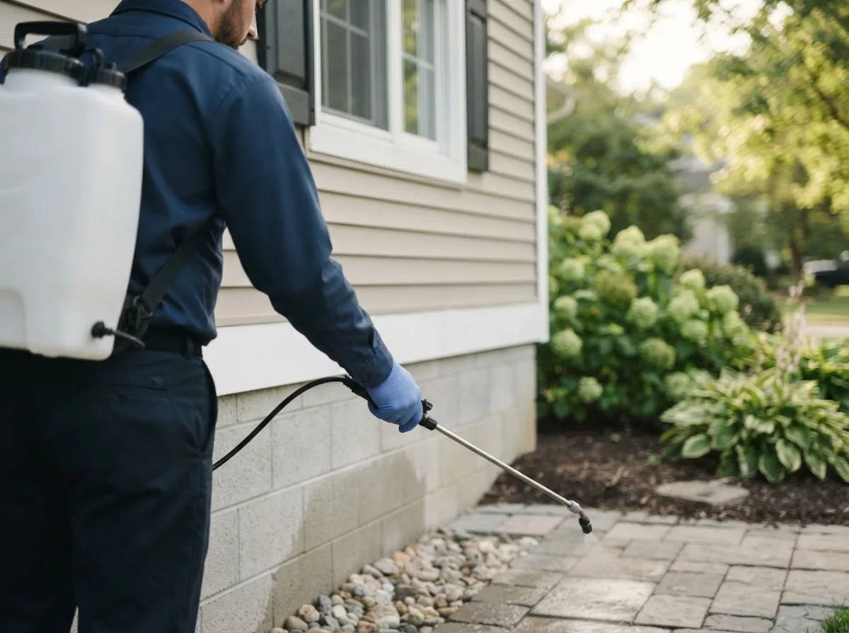 Pest control technician inspecting a home in Fortville, IN